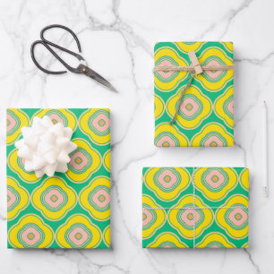 Cute Boho 70s Retro Shapes Pattern Green Yellow  Wrapping Paper Sheet
