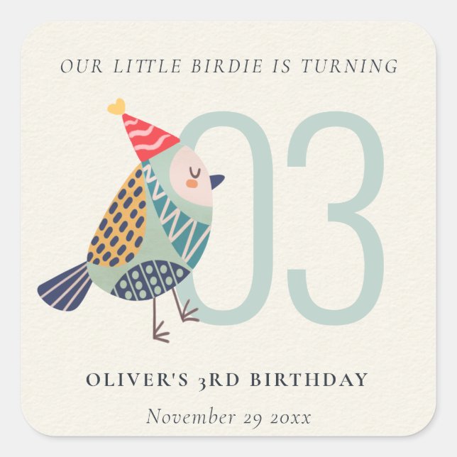 Cute Boho Aqua Blue Birdie Any Age Birthday Square Sticker (Front)