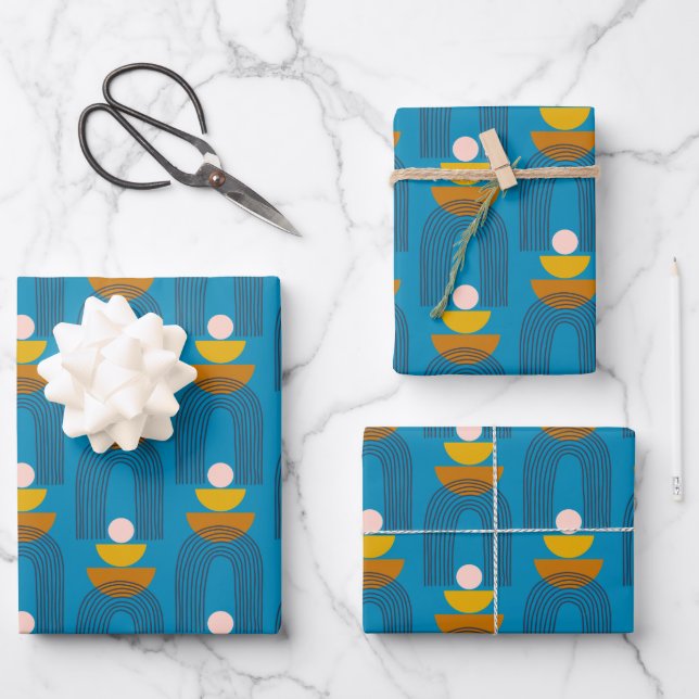 Cute Boho Arch Line Shapes in Blue and Yellow Wrapping Paper Sheet (Front)