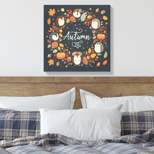 Cute Boho Autumn Hedgehog wreath Wall Decal Canvas Print (Insitu(Bedroom))