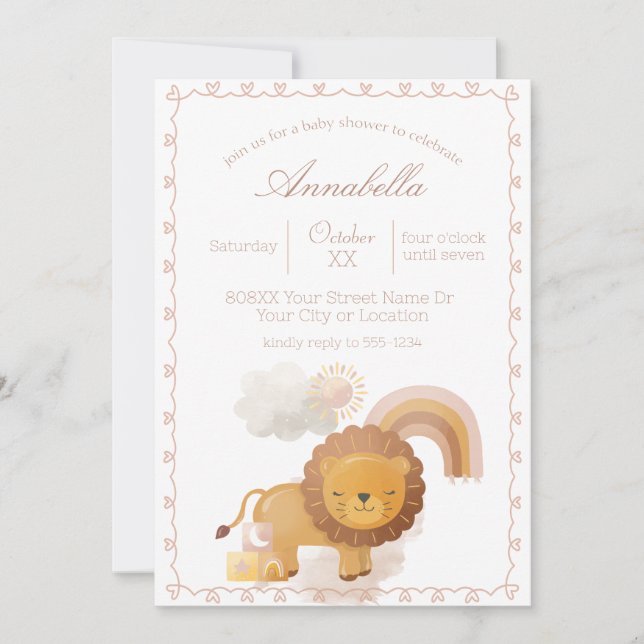 Cute Boho Baby Girl Lion and Rainbow Invitation (Front)