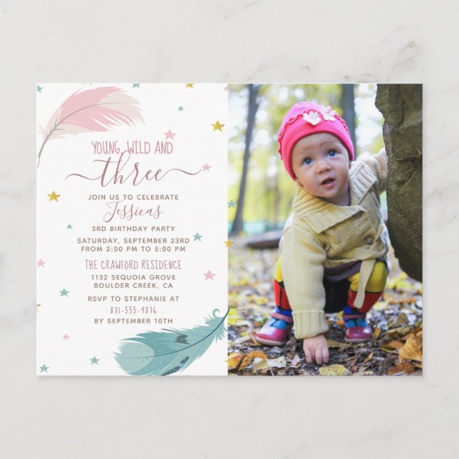 Cute Boho Baby Girl Photo Card 3rd Birthday Party (Front)