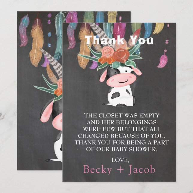 Cute Boho Baby shower Vache Merci Cartes (Devant / Derrière)