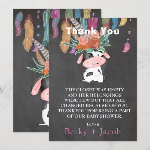 Cute Boho Baby shower Vache Merci Cartes