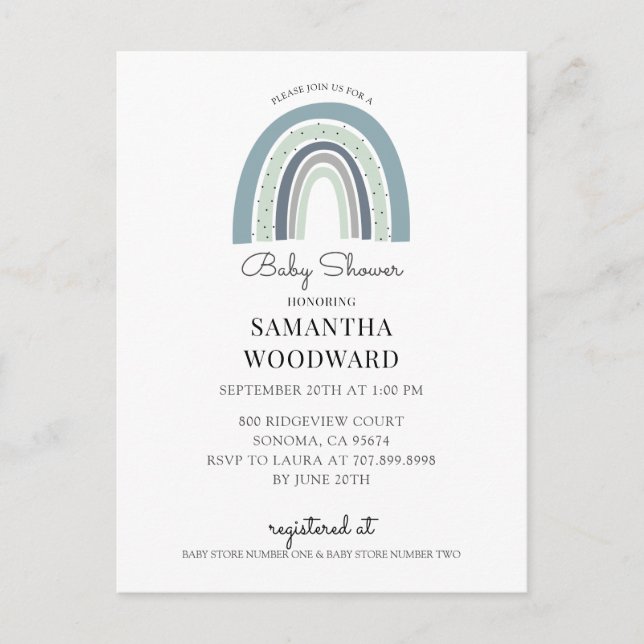 Cute Boho Blue Rainbow Baby Boy Shower Invitation (Devant)
