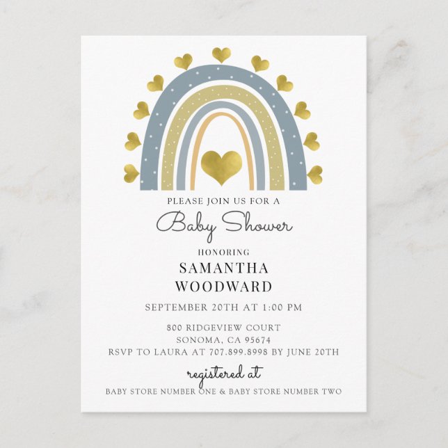 Cute Boho Blue Rainbow Baby Boy Shower Invitation Postcard (Front)