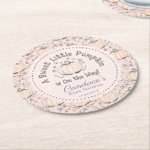 Cute Boho Blush Pink Little Pumpkin Baby Shower Round Paper Coaster
