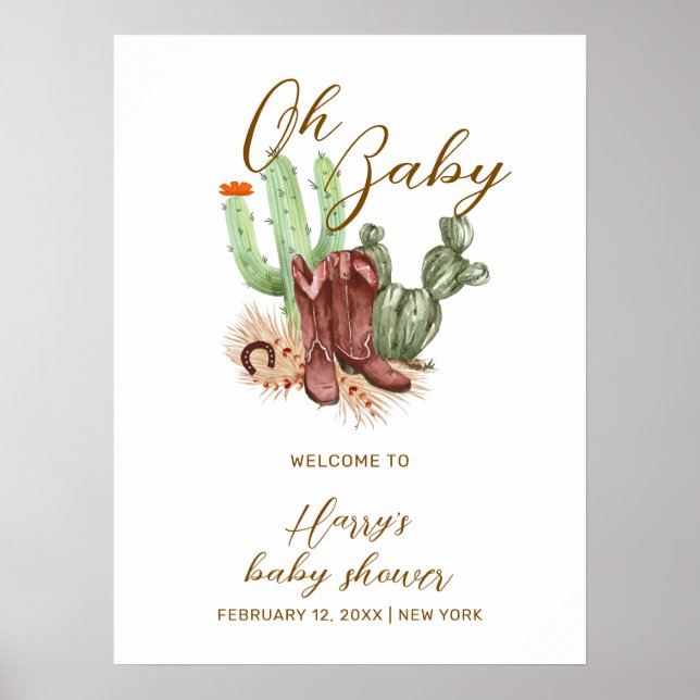 Cute Boho Cactus Cowboy Shoes Baby Shower Welcome  Poster (Front)