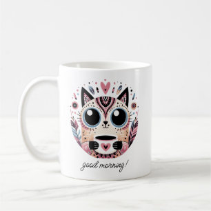 Cute Boho Cat with Heart   Good Morning   Pastel Coffee Mug