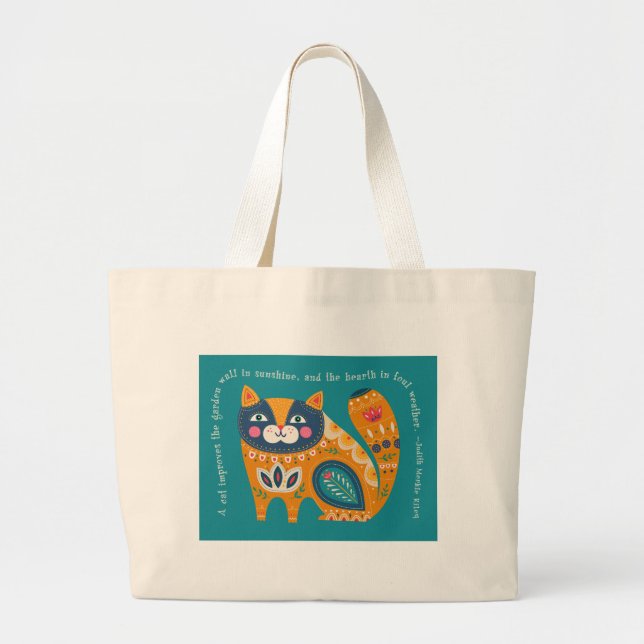 Cute Boho Cat with quote Large Tote Bag (Front)