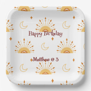 Cute Boho Celestial Seamless Pattern Kids Birthday Paper Plate