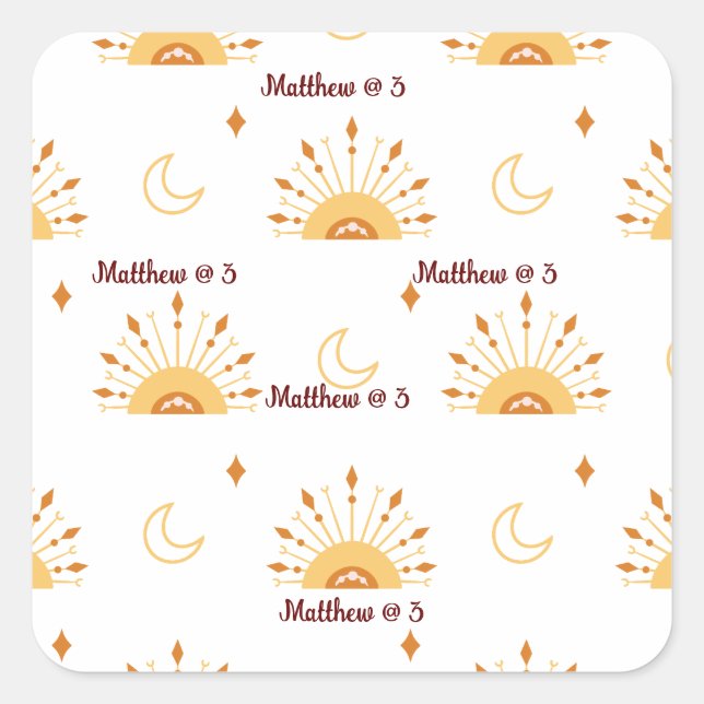 Cute Boho Celestial Seamless Pattern Kids Birthday Square Sticker (Front)