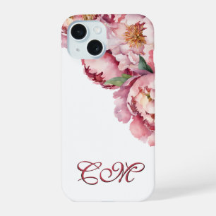Cute Boho Chic Watercolor Pink Peonis Personalized iPhone 15 Case