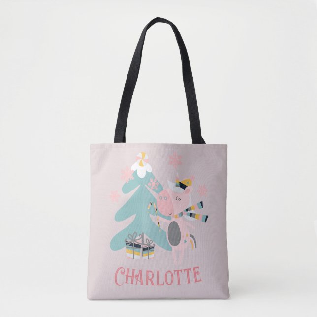Cute Boho Christmas Unicorn with Name on Pink Tote Bag (Front)