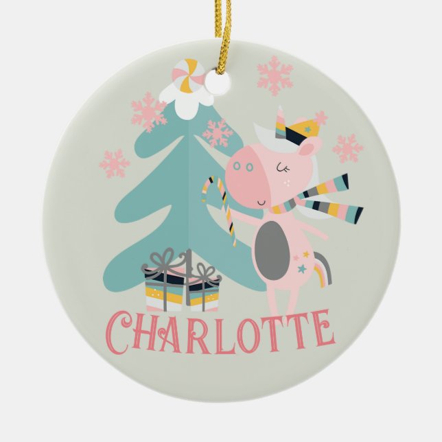 Cute Boho Christmas Unicorn with Name on Sage Ceramic Ornament (Front)