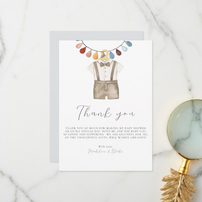 Cute Boho Clothes Boy Baby Shower Thank You Card (Front/Back In Situ)
