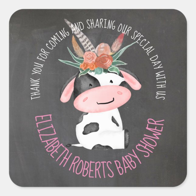 Cute Boho Cow chalkboard Baby Shower Square Sticker (Front)