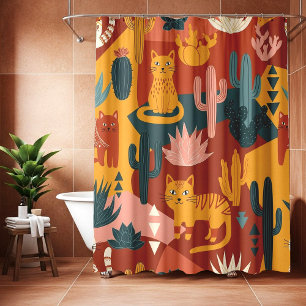 Cute Boho Desert Cats Cactus Succulent Pattern
