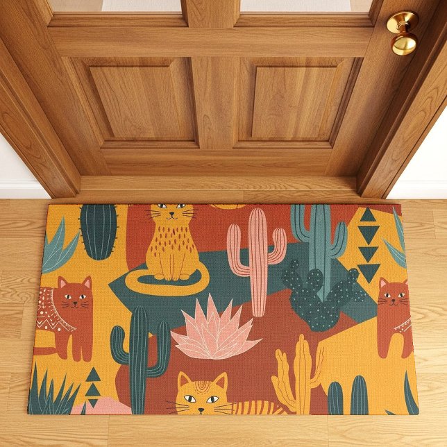 Cute Boho Desert Cats Cactus Succulent Pattern Doormat (Creator Uploaded)