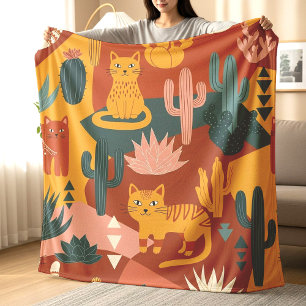 Cute Boho Desert Cats Cactus Succulent Pattern Fleece Blanket