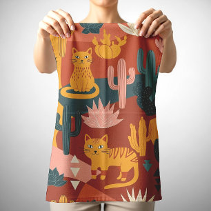 Cute Boho Desert Cats Cactus Succulent Pattern Kitchen Towel