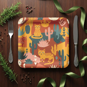 Cute Boho Desert Cats Cactus Succulent Pattern Paper Plate