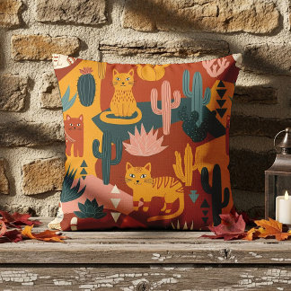 Cute Boho Desert Cats Cactus Succulent Pattern Throw Pillow