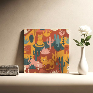 Cute Boho Desert Cats Cactus Succulent Pattern Tile