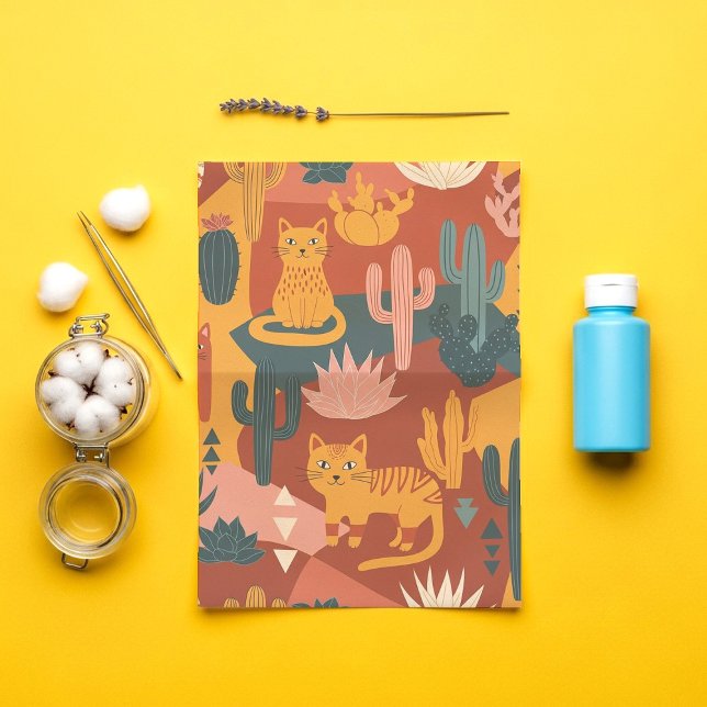 Cute Boho Desert Cats Cactus Succulent Pattern Tissue Paper (Creator Uploaded)