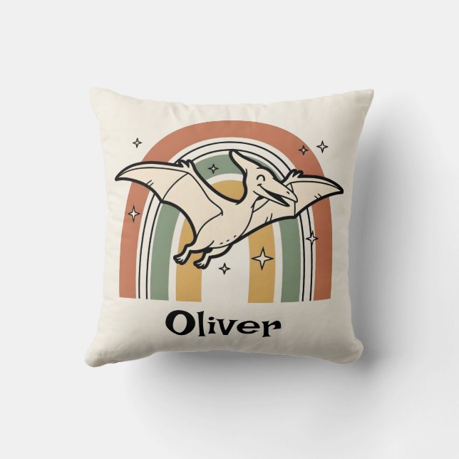 Cute Boho Earth Tone Flying Dinosaur & Rainbow Throw Pillow (Back)