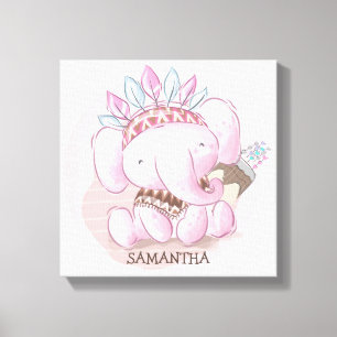 Cute boho elephant girl nursery canvas print