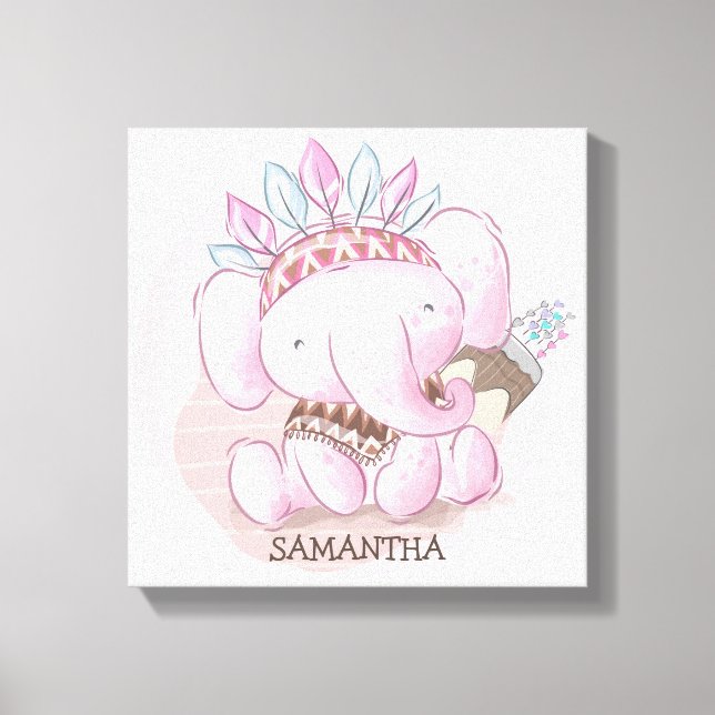 Cute boho elephant girl nursery canvas print (Front)