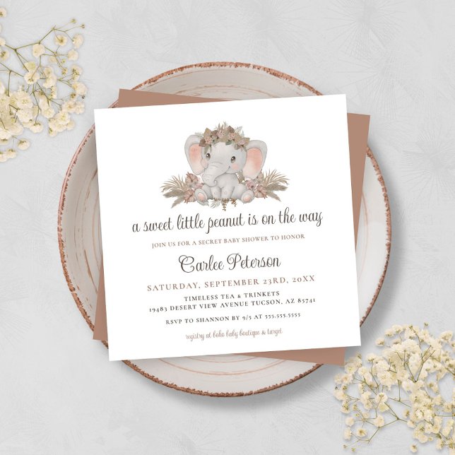 Cute Boho Floral Elephant Baby Shower Invitation (Unique Boho Baby Shower Invitation with Cute Elephant and Bohemian Floral with Pampas Grass)