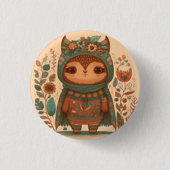 Cute boho floral owl   1 inch round button (Front)