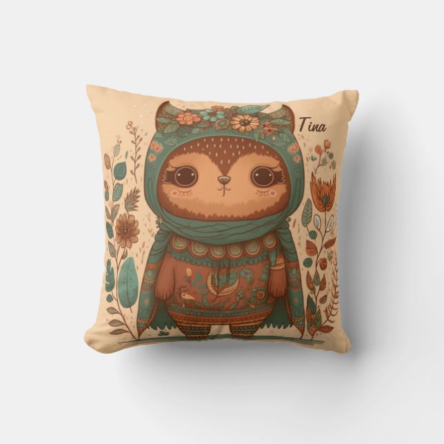 Cute boho floral owl cartoon throw pillow (Front)