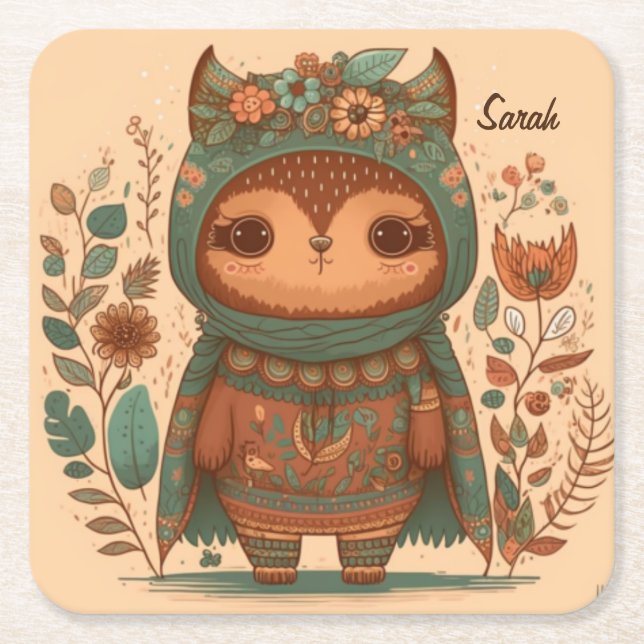 Cute boho floral owl custom   beverage coaster (Front)