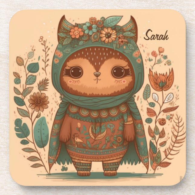 Cute boho floral owl custom   coaster (Front)