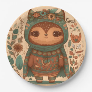 Cute boho floral owl custom    paper plate
