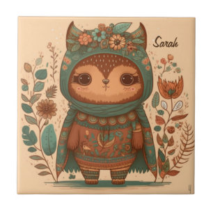 Cute boho floral owl custom  tile