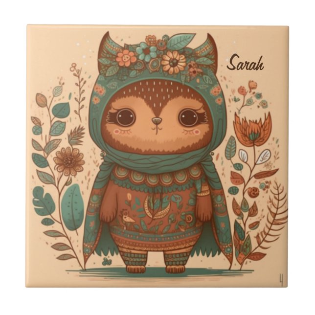 Cute boho floral owl custom  tile (Front)