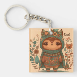 Cute boho floral owl   keychain