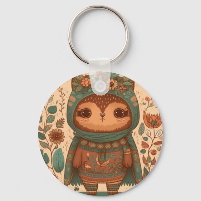Cute boho floral owl     keychain (Front)