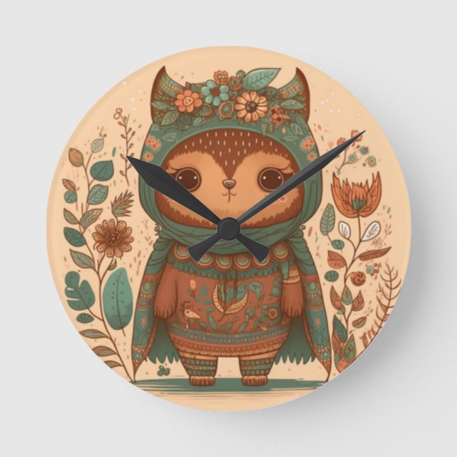 Cute boho floral owl  round clock (Front)