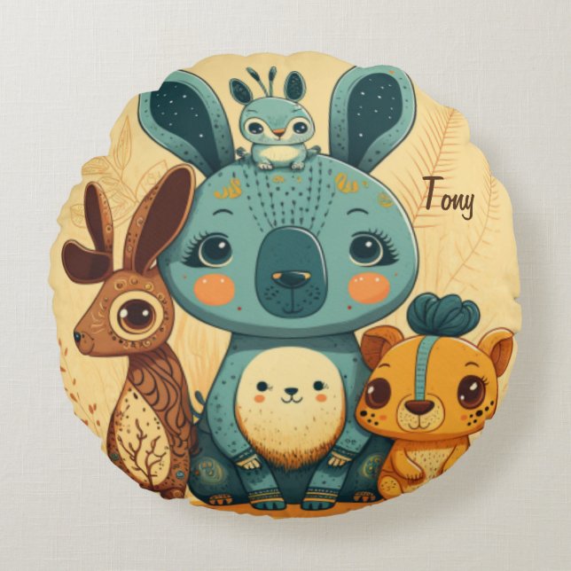 Cute boho floral rabbit round pillow (Front)