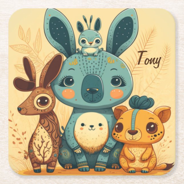 Cute boho floral rabbit  square paper coaster (Front)