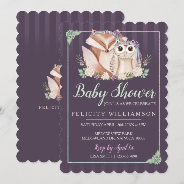 Cute Boho Forest Fox & Owl Baby Shower Invitation (Front/Back)