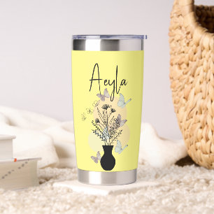 Cute Boho Line Art Flowers and Butterflies Yellow Insulated Tumbler