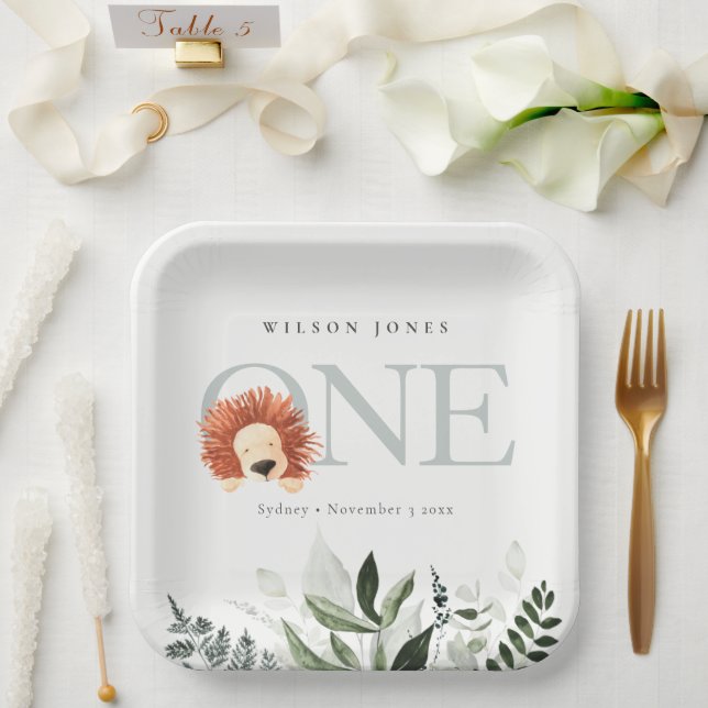 Cute Boho Lion Foliage 1st First Birthday Party Paper Plate (Wedding)