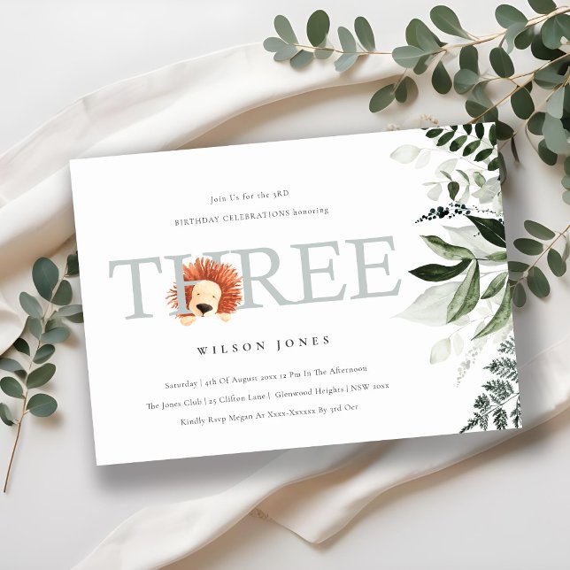 Cute Boho Lion Foliage 3rd Third Birthday Invite (Creator Uploaded)