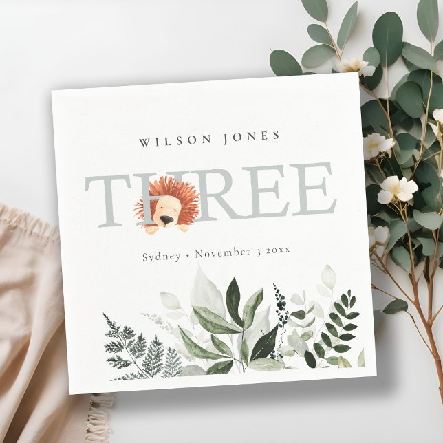 Cute Boho Lion Foliage 3rd Third Birthday Party Napkin (Creator Uploaded)